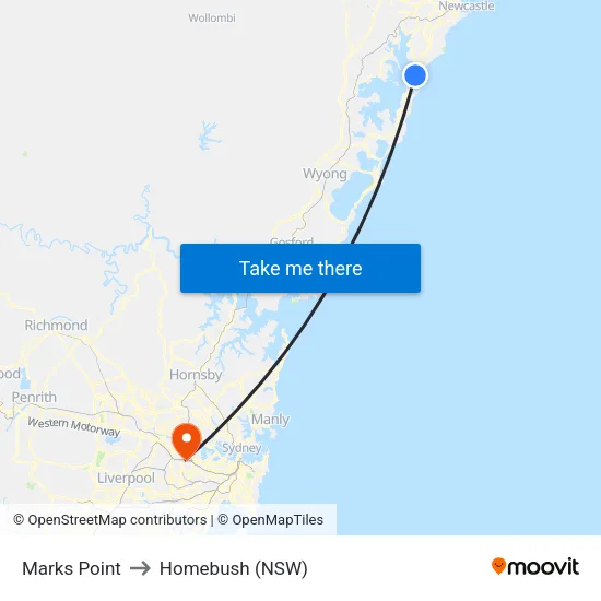 Marks Point to Homebush (NSW) map