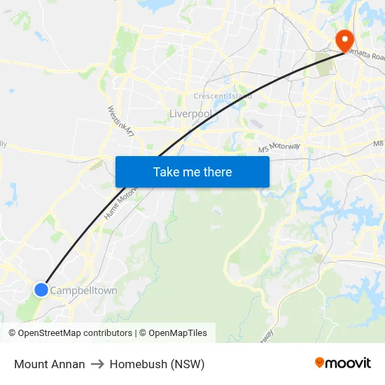 Mount Annan to Homebush (NSW) map