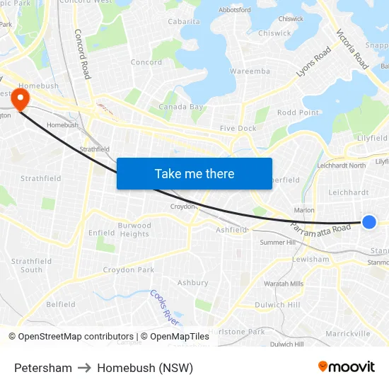 Petersham to Homebush (NSW) map