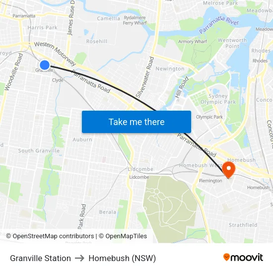 Granville Station to Homebush (NSW) map
