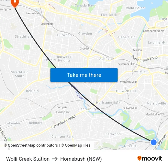 Wolli Creek Station to Homebush (NSW) map