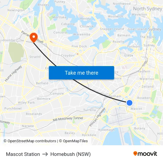 Mascot Station to Homebush (NSW) map