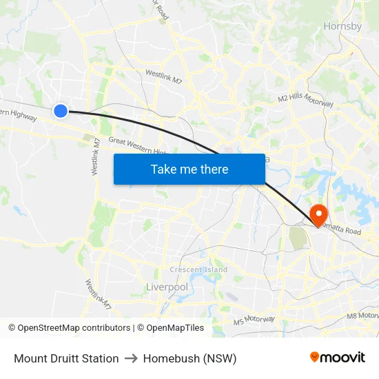 Mount Druitt Station to Homebush (NSW) map