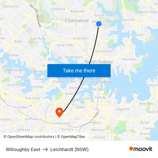 Willoughby East to Leichhardt (NSW) map