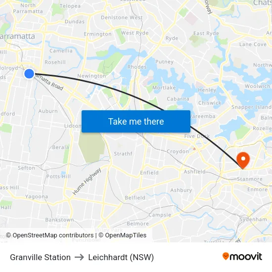 Granville Station to Leichhardt (NSW) map