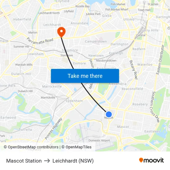 Mascot Station to Leichhardt (NSW) map