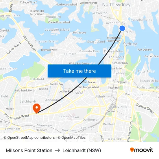 Milsons Point Station to Leichhardt (NSW) map