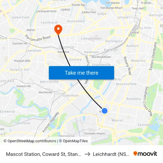 Mascot Station, Coward St, Stand A to Leichhardt (NSW) map