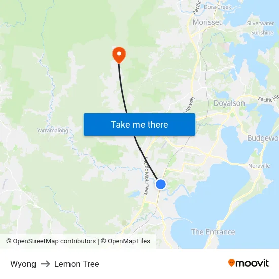 Wyong to Lemon Tree map