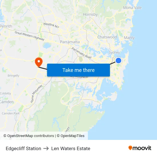 Edgecliff Station to Len Waters Estate map