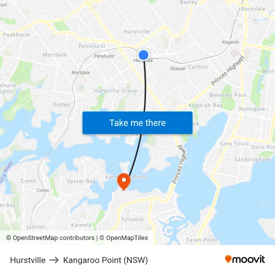 Hurstville to Kangaroo Point (NSW) map