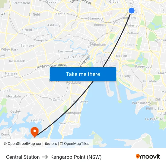 Central Station to Kangaroo Point (NSW) map