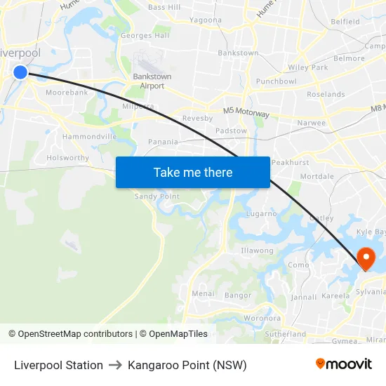 Liverpool Station to Kangaroo Point (NSW) map
