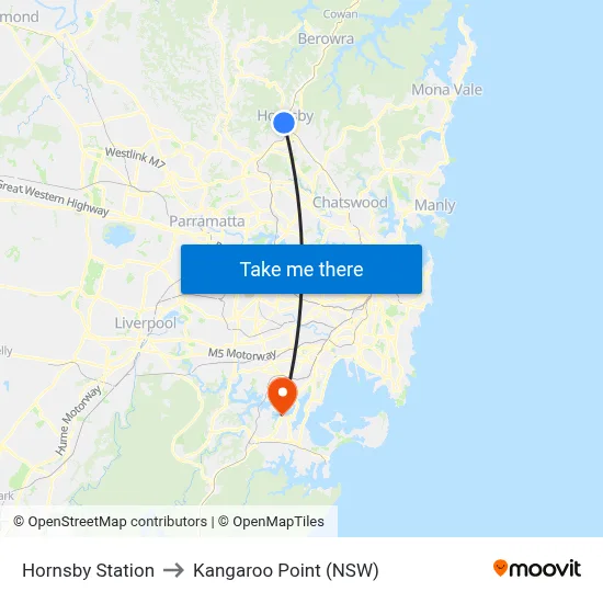 Hornsby Station to Kangaroo Point (NSW) map