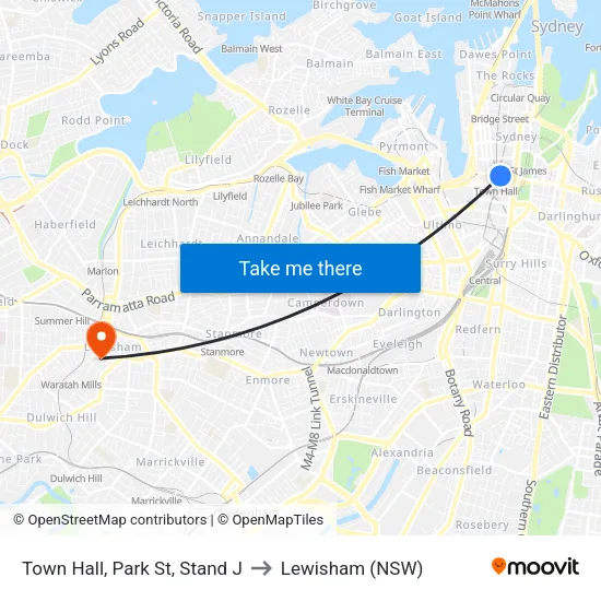 Town Hall, Park St, Stand J to Lewisham (NSW) map