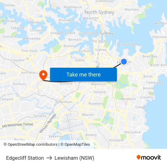 Edgecliff Station to Lewisham (NSW) map