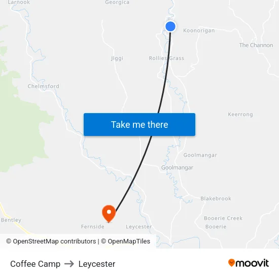 Coffee Camp to Leycester map