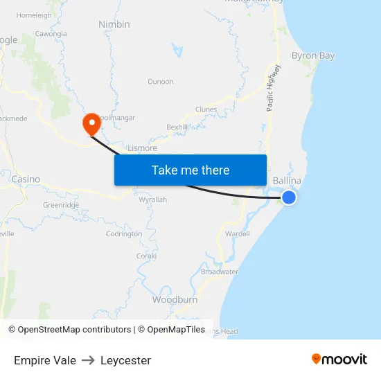 Empire Vale to Leycester map