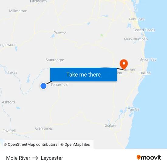 Mole River to Leycester map