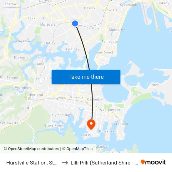 Hurstville Station, Stand B to Lilli Pilli (Sutherland Shire - NSW) map
