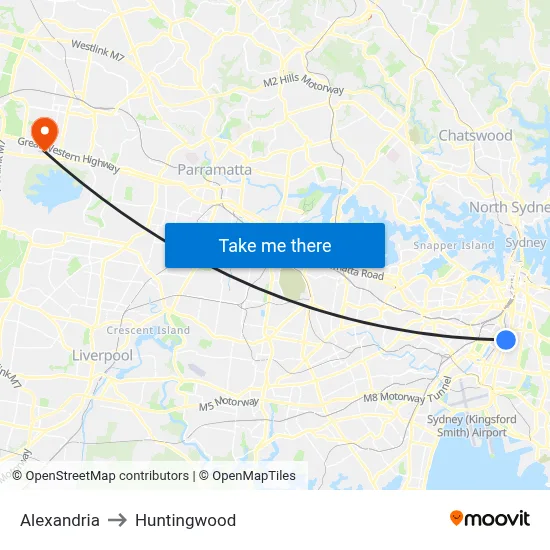 Alexandria to Huntingwood map