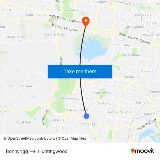 Bonnyrigg to Huntingwood map