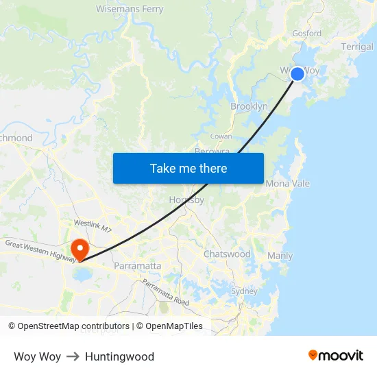 Woy Woy to Huntingwood map