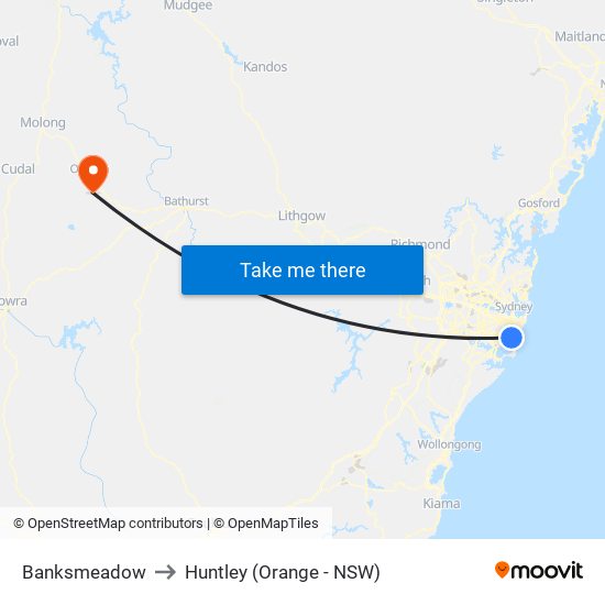 Banksmeadow to Huntley (Orange - NSW) map