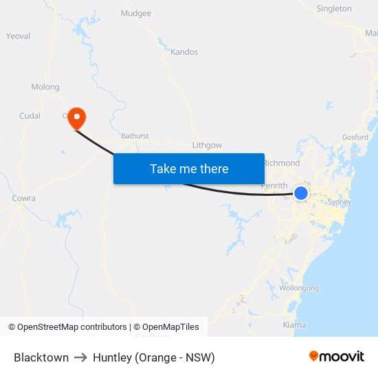 Blacktown to Huntley (Orange - NSW) map