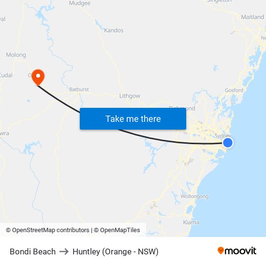 Bondi Beach to Huntley (Orange - NSW) map
