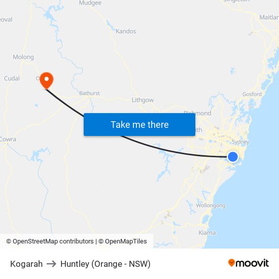 Kogarah to Huntley (Orange - NSW) map