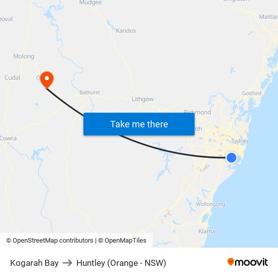 Kogarah Bay to Huntley (Orange - NSW) map