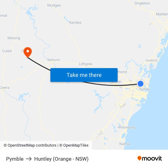 Pymble to Huntley (Orange - NSW) map