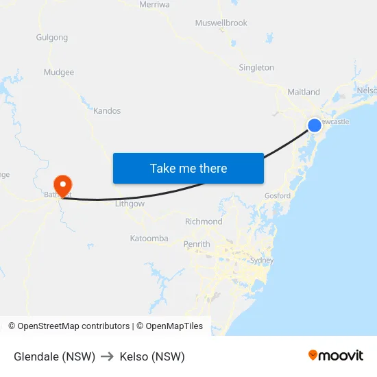 Glendale (NSW) to Kelso (NSW) map