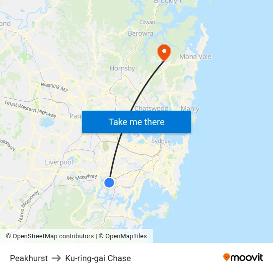 Peakhurst to Ku-ring-gai Chase map