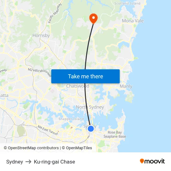 Sydney to Ku-ring-gai Chase map