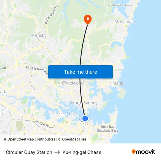 Circular Quay Station to Ku-ring-gai Chase map