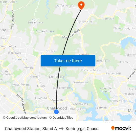 Chatswood Station, Stand A to Ku-ring-gai Chase map