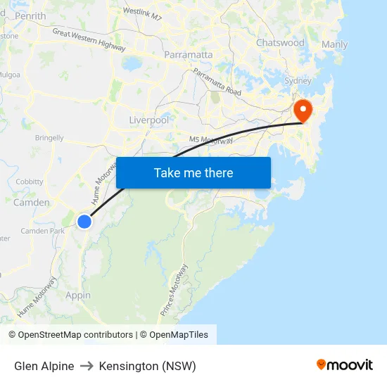 Glen Alpine to Kensington (NSW) map