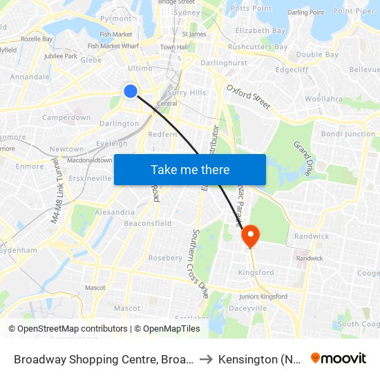 Broadway Shopping Centre, Broadway to Kensington (NSW) map