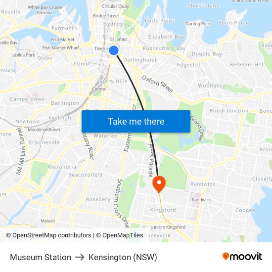 Museum Station to Kensington (NSW) map