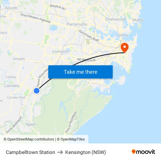 Campbelltown Station to Kensington (NSW) map