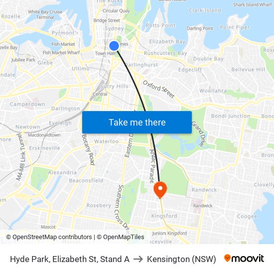 Hyde Park, Elizabeth St, Stand A to Kensington (NSW) map