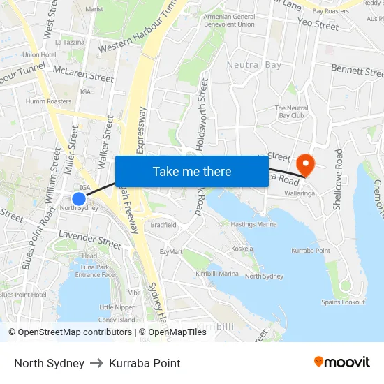 North Sydney to Kurraba Point map