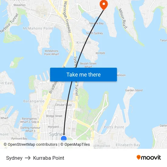 Sydney to Kurraba Point map