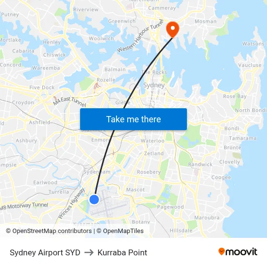 Sydney Airport SYD to Kurraba Point map