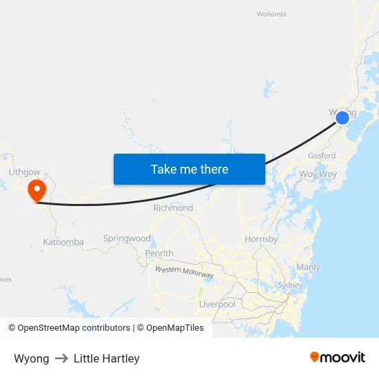 Wyong to Little Hartley map