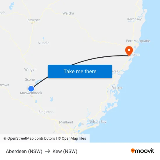 Aberdeen (NSW) to Kew (NSW) map