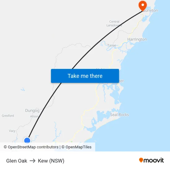 Glen Oak to Kew (NSW) map