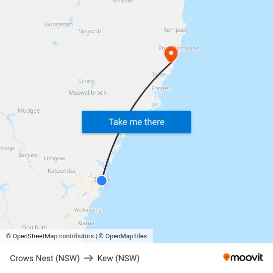 Crows Nest (NSW) to Kew (NSW) map